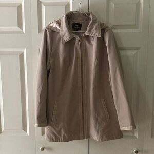 Dennis by Dennis Basso hooded womens large rain coat tan lined